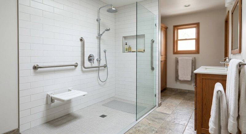 Accessible walk-in shower with curbless entry, grab bars and seat