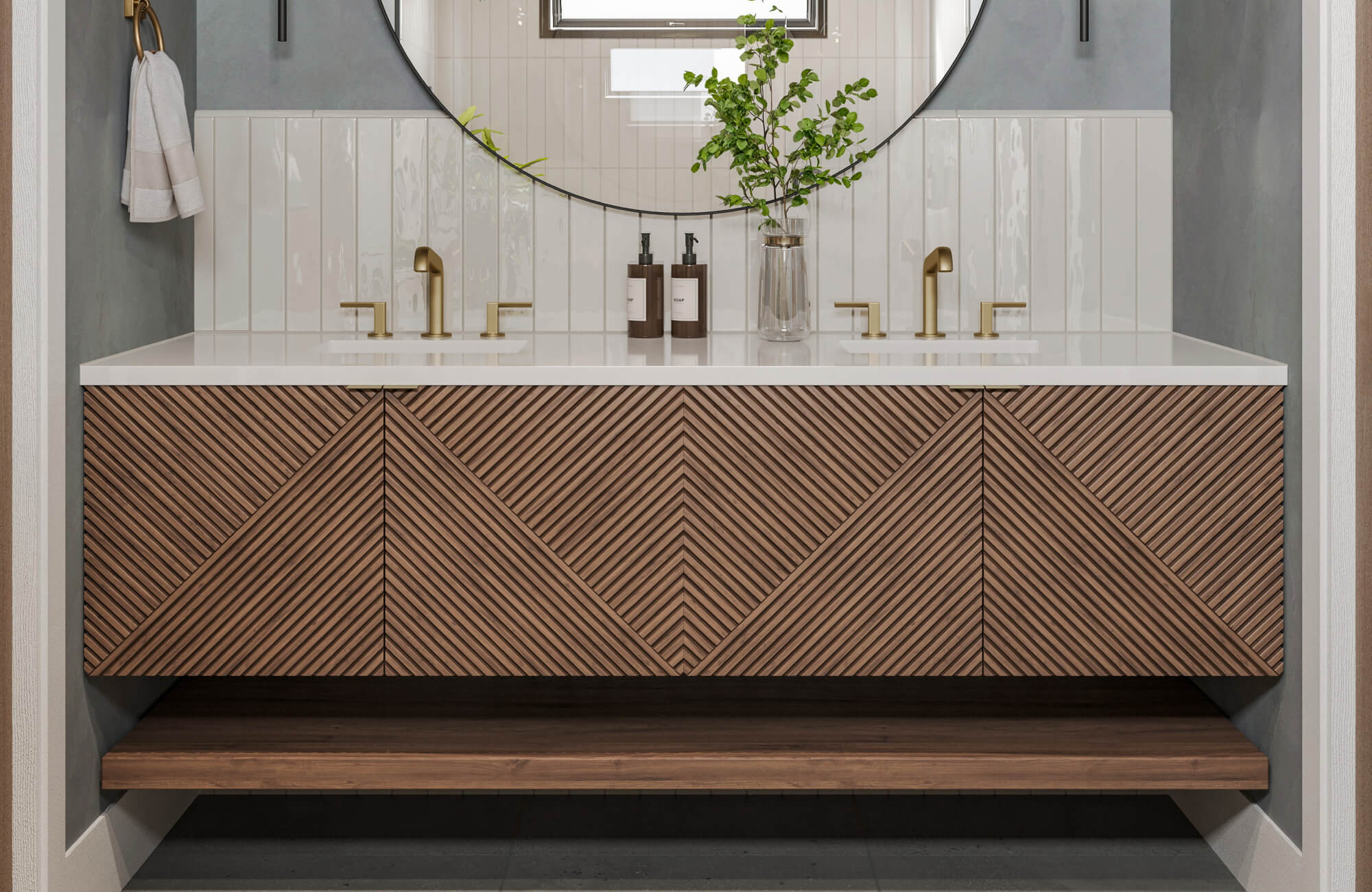 Finished bathroom vanity with mirror and modern faucets