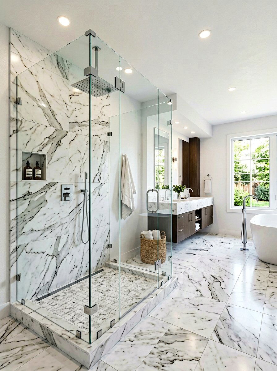 Ensuite with frameless glass shower, marble-look tile and freestanding tub